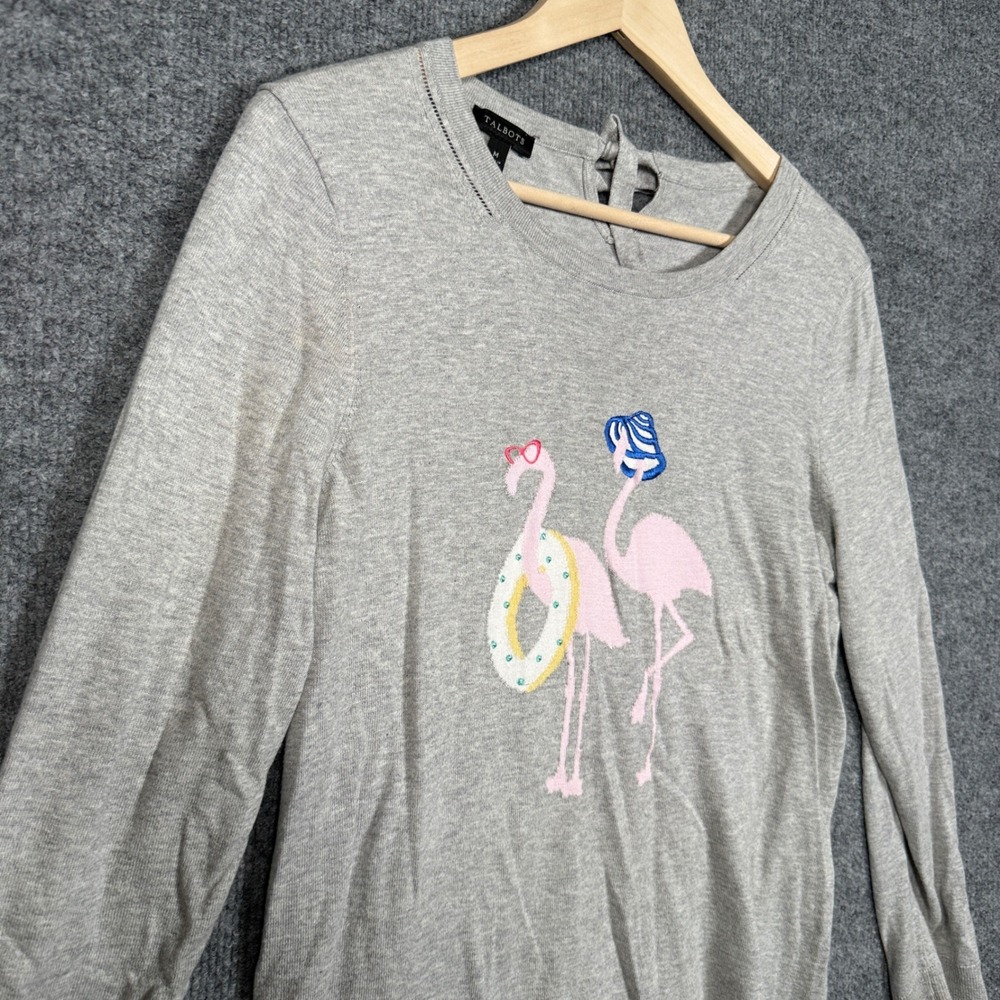 Talbots Size Medium Flamingo Sweater Gray Heathered‎ Cotton Rayon Long Sleeves - Picture 5 of 9